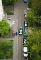 Natural (non-imitation) tilt shift blurry photo. Macro-look cityscape.
