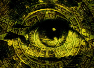 Ancient Mayan Calendar and woman eye with  Music note, abstract color Background, computer collage.
