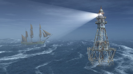 Obraz premium Leuchtturm und Segelschiff bei Nacht