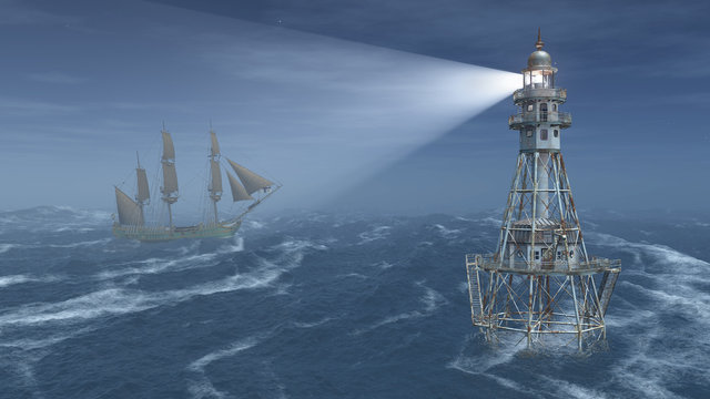 Leuchtturm und Segelschiff bei Nacht