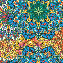 Seamless round ornament pattern for printing on fabric or paper. Hand drawn background. Elements for your design.
