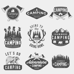 vector set of camping vintage logos, emblems, silhouettes and designs