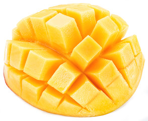 Cubes of mango fruit. Isolated on a white background.