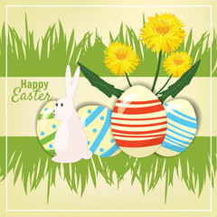 Easter background with copyspace in the sky featuring a cute Easter Bunny and lots of painted Easter Eggs
