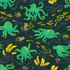 Octopus seamless pattern. Marine underwater life background