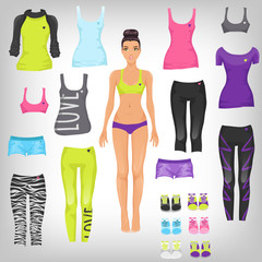 Vector dress up paper doll with an assortment of sports and runn