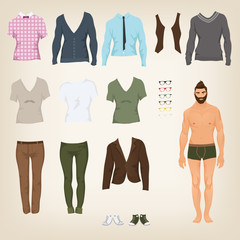 Vector male hipster dress up paper doll with an assortment of cl