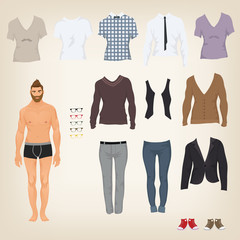Vector hipster dress up doll with an assortment of hipster cloth