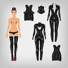 Vector dress up paper doll with fetish latex costumes
