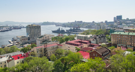 Fototapeta na wymiar Vladivostok city, Russia, panorama of Zolotoy rog bay