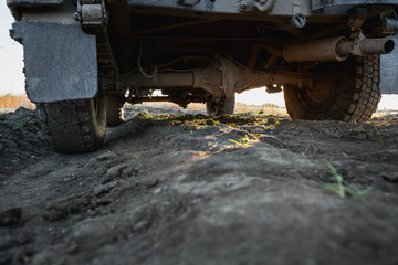 SUV off-road dirt, car bottom, bottom view