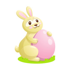 Easter bunny with eggs vector illustration. Easter bunny sitting on the grass and holding an egg.