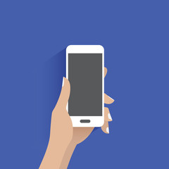 Hands holding modern white smartphone. Flat with blue background.