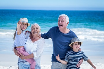 Happy grandparents giving piggy back to children