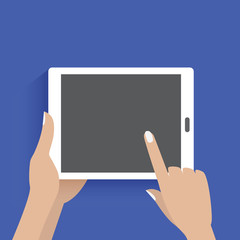 Hands holding and using digital tablet. Flat with blue background.