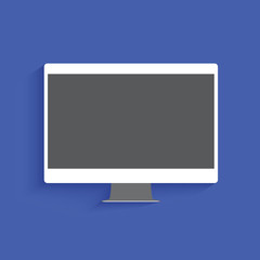 Modern computer monitor icon. White with blank screen on blue background.