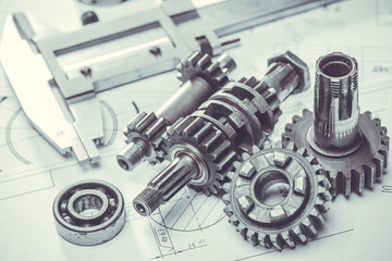metal gears on engineering drawings