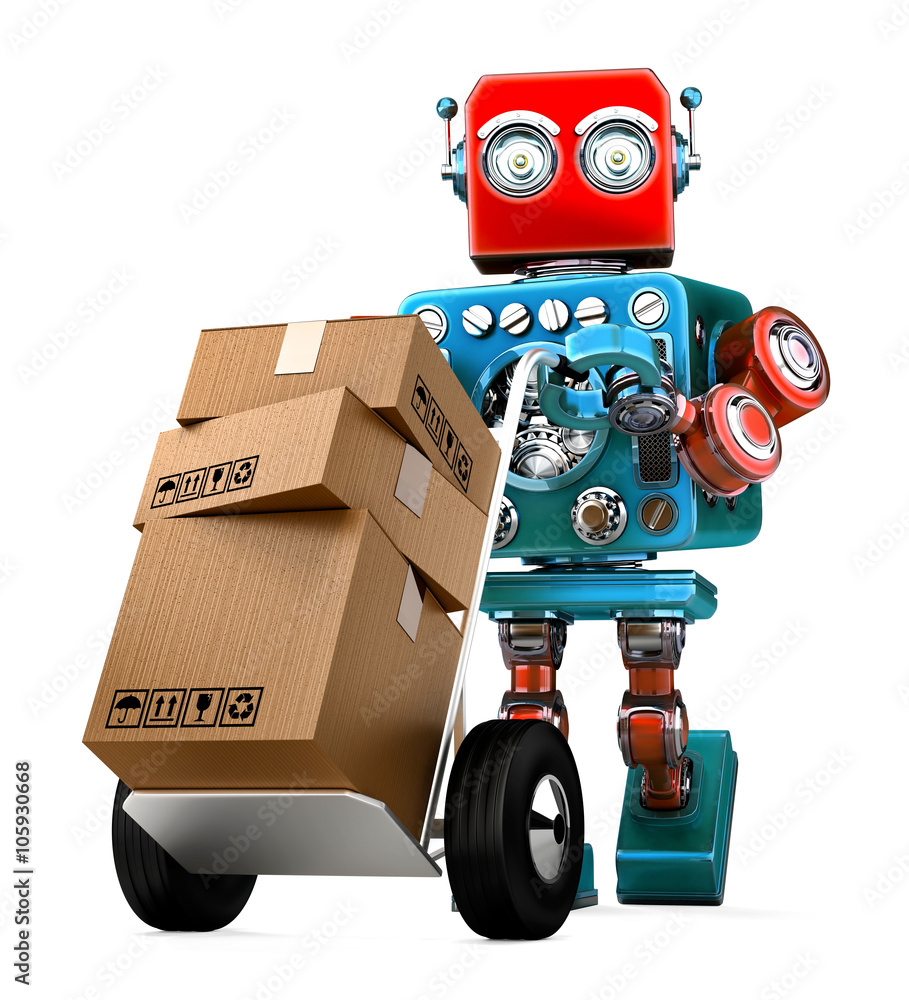 Poster retro robot pushing a hand truck with boxes. isolated. contains clipping path