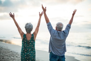 Senior couple raising their arms
