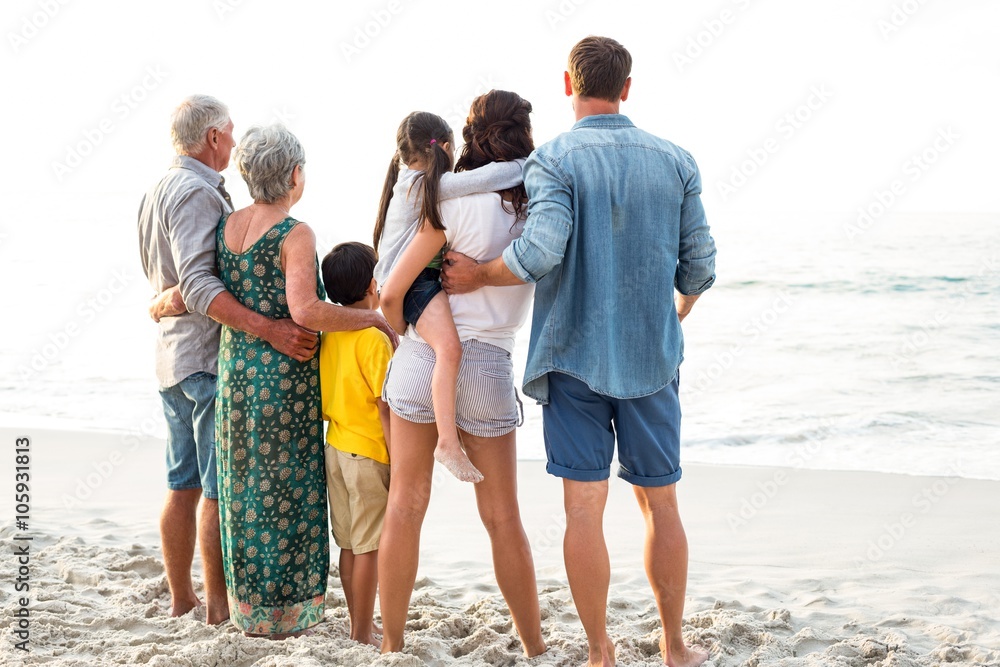 Wall mural Rear view of a happy family posing at the beach