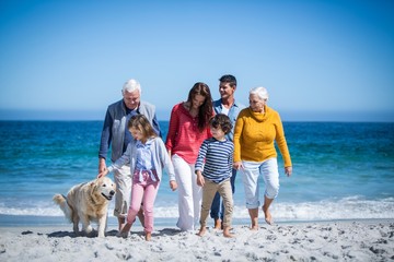 Happy family with their dog at the beach