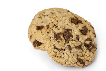 Chocolate chip cookie on white background.