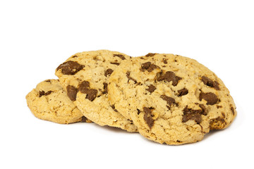 Chocolate chip cookie on white background.