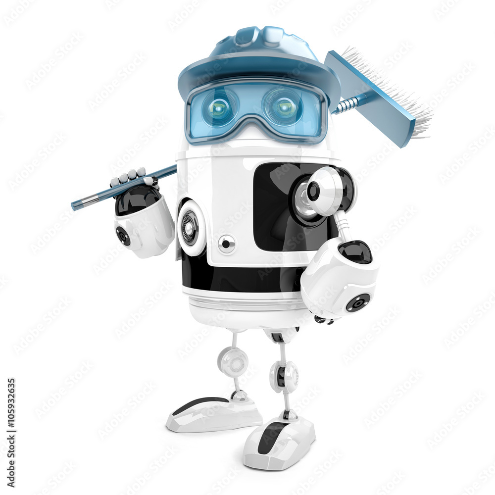 Poster robot worker with mop. cleaning services. isolated. contains cli