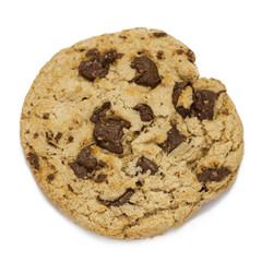 Chocolate chip cookie on white background.