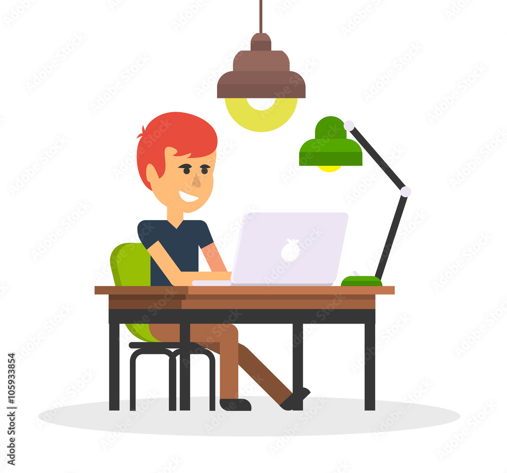Poster man work with computer design flat