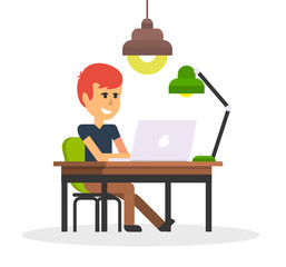 Man Work with Computer Design Flat