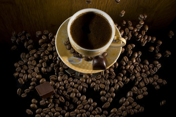 Hot coffee and coffee beans