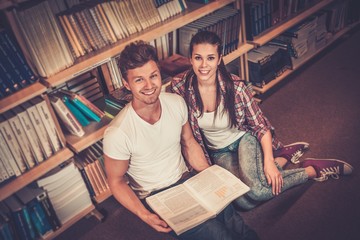 Young couple of cheerful students sitting on the floor and studying in the university library.