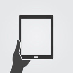 Hand holding and using digital tablet. Monochromatic.