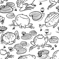Vector doodle seamless pattern with frogs and water lily