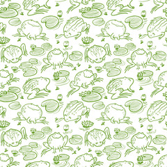 Vector doodle seamless pattern with frogs and water lily
