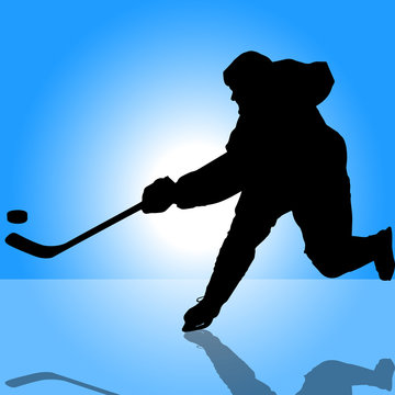 Hockey player attacks silhouette background.