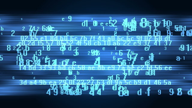 Data stream futuristic animated technology background with blue hexadecimal text.