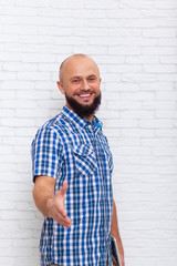 Busienssman HandShake, Casual Bearded Man Wear Checked Blue Shirt