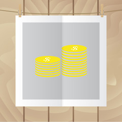 Flat vector icon. Color photo hanging on a rope. Money. Coins.