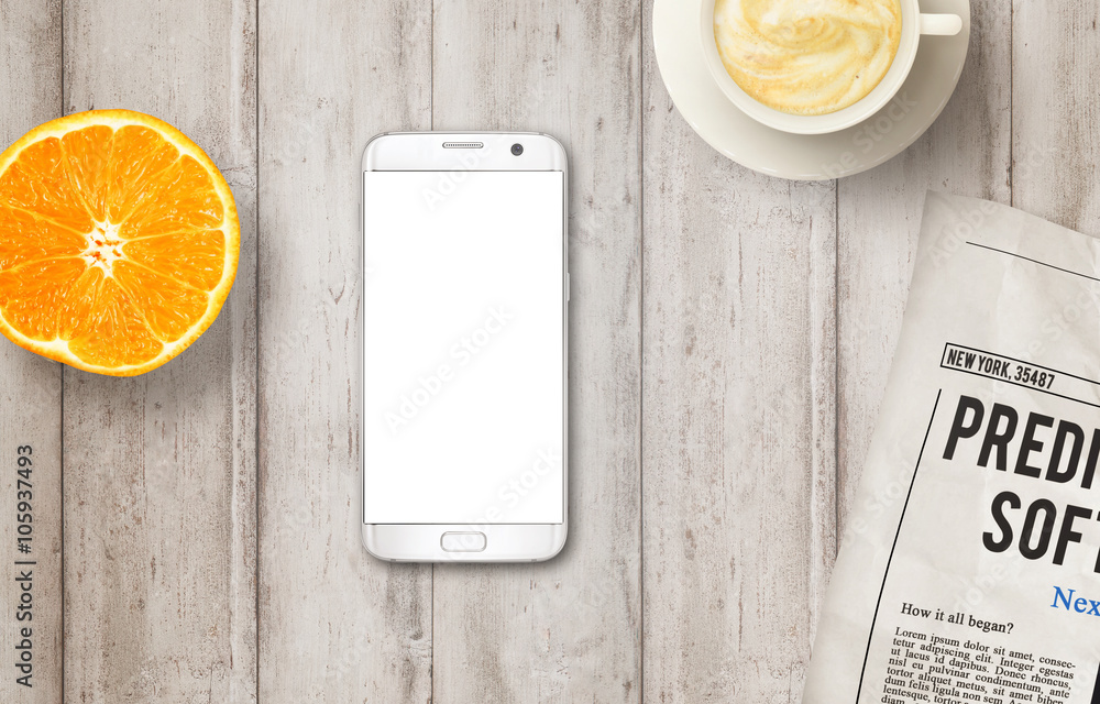 Poster smart phone with isolated display on table. newspaper, coffee and orange. top view.