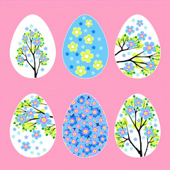 Easter eggs with blue spring flower pattern set vector illustration