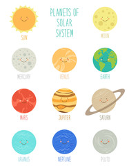 Fototapeta premium Cute smiling cartoon characters of planets of solar system, can be used for kids education as cards, books, banners. Childish background