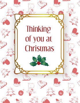 Christmas greeting card with text, mistletoe, golden borders, re