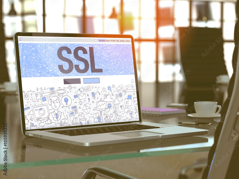 Poster ssl - secure socket layer - concept closeup on landing page of laptop screen in modern office workpl