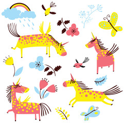 Obraz premium Vector cartoon cute unicorns set