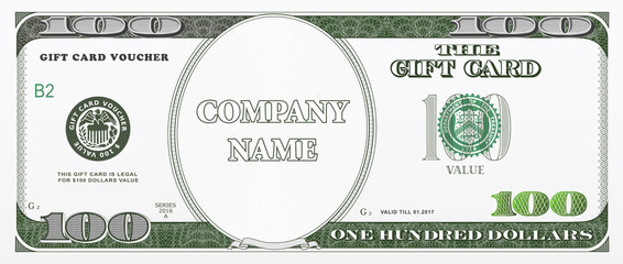 Gift card design as hundred dollars bill