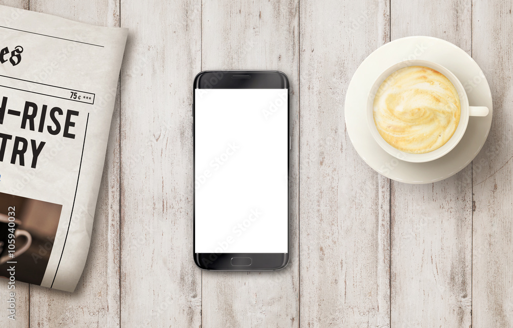 Aufkleber smart phone with isolated display for mockup on table. newspaper and coffee on table. top view.