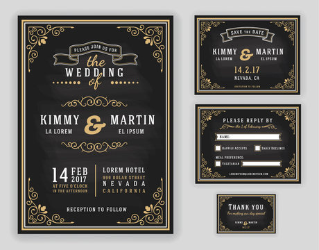 Luxurious wedding invitation on chalkboard background. Include Invitation, RSVP card, Save the date, Thank you card. Vector illustration