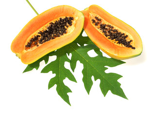 Papaya and papaya leaf isolated on white background
